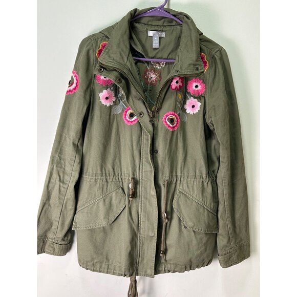 Olive Green Embroidered Floral Military Utility Jacket By Aqua Capsule Rugged - Picture 4 of 11